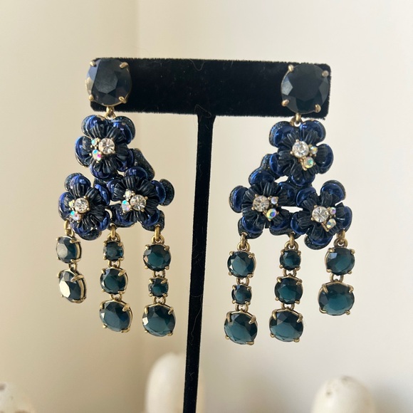J.Crew Navy Blue Large Dangle Statement Earrings Crystal Rhinestones - Picture 14 of 14